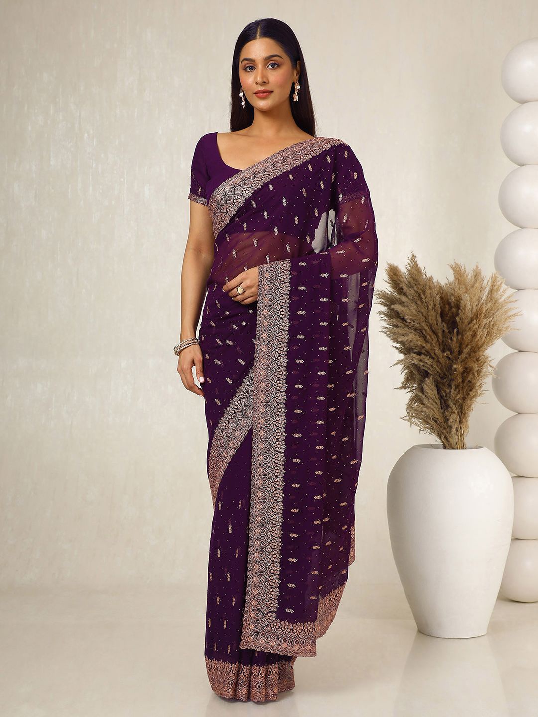 

Soch Ethnic Motifs Beads and Stones Poly Georgette Saree, Purple