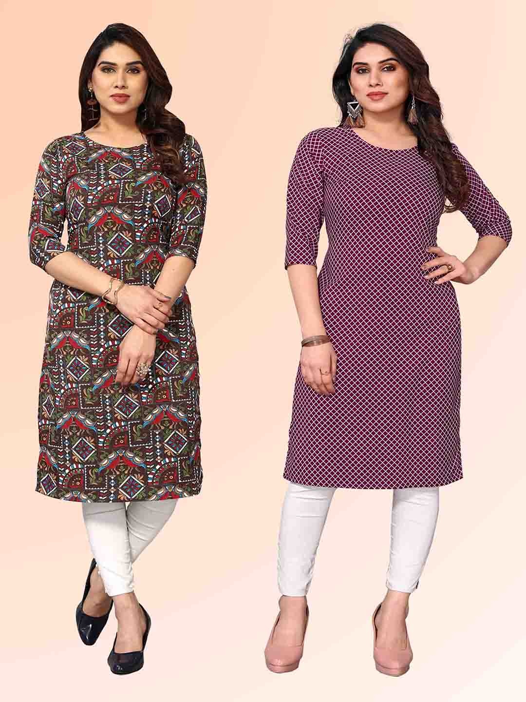 

KETAKI FASHION Selection Of 2 Floral Printed Round Neck Straight Kurtas, Navy blue