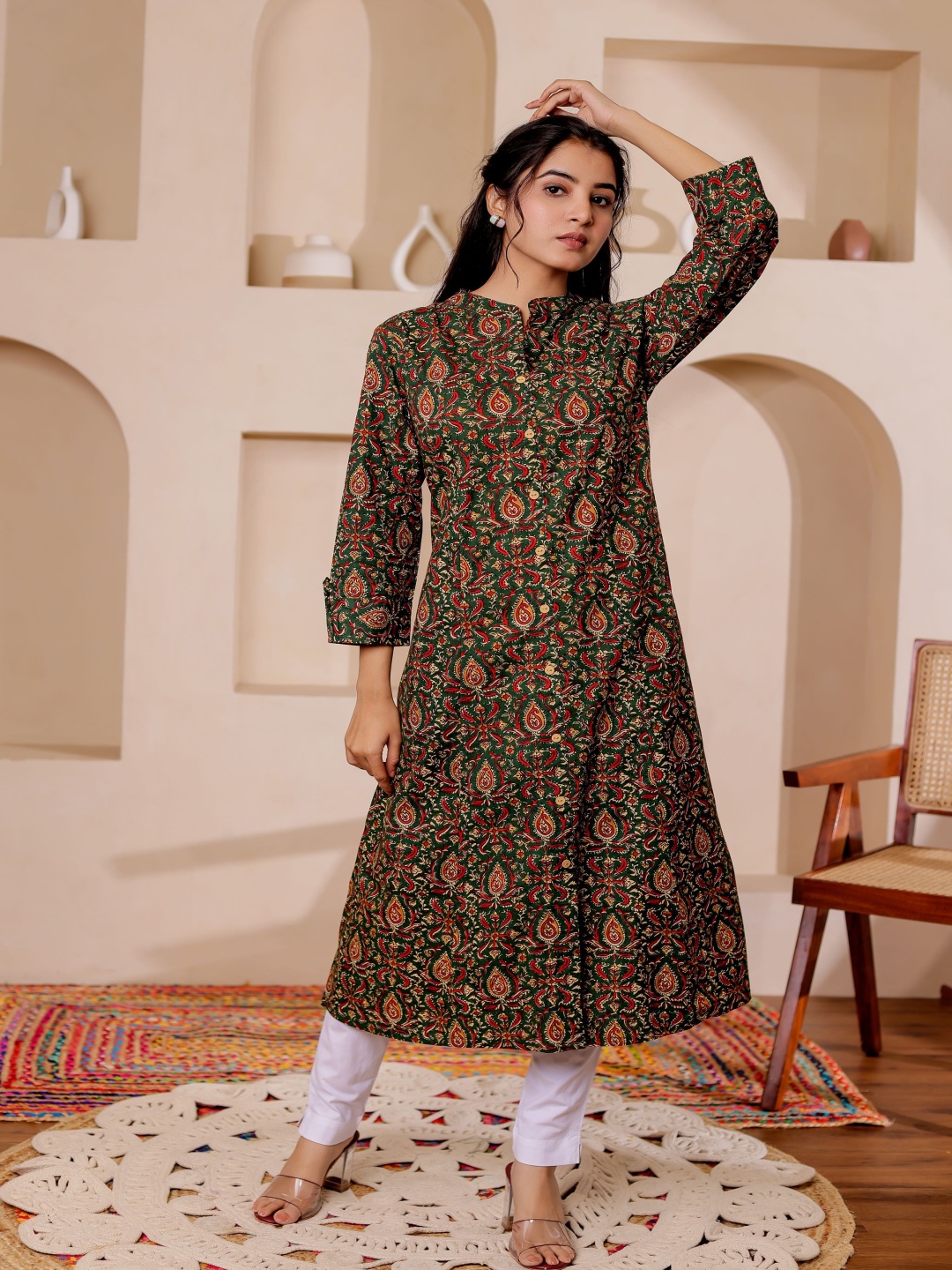 

Chandbaali Women Ethnic Motifs Printed Pure Cotton Mandarin Collar A-Line Kurta, Green