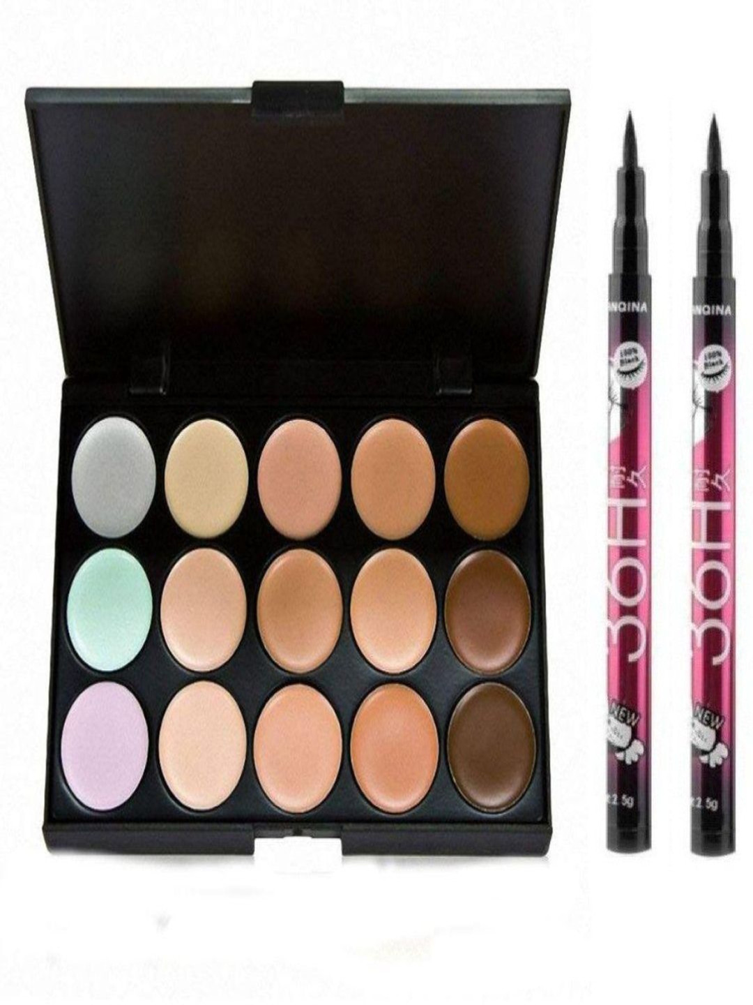 

Lenon Set Of 3 15 Colour Contour Palette & 36 Hr Eyeliner- 2.5 g- Black - Nude- Blue