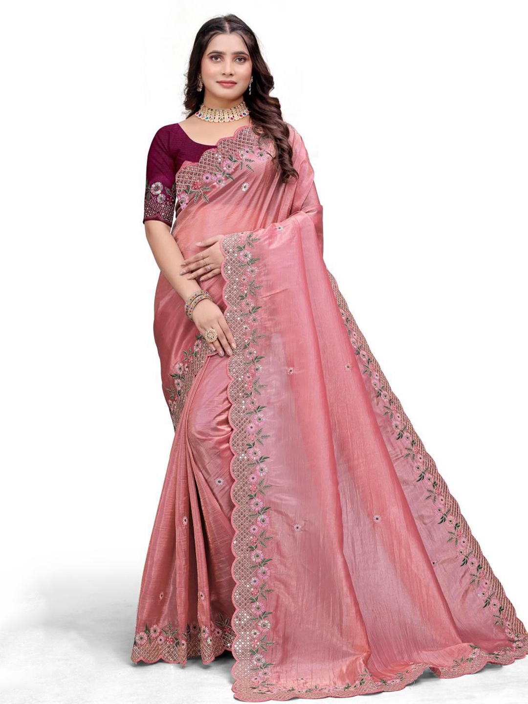

FVD Floral Embroidered Sequinned Saree, Peach