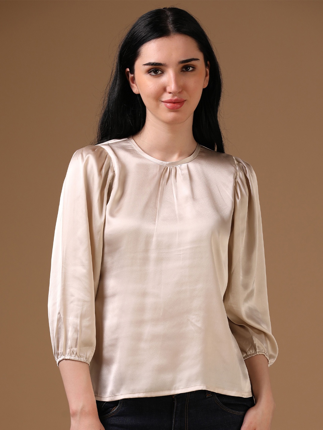 

Hassu's Women Satin Round Neck Cuffed Sleeves Top, Beige