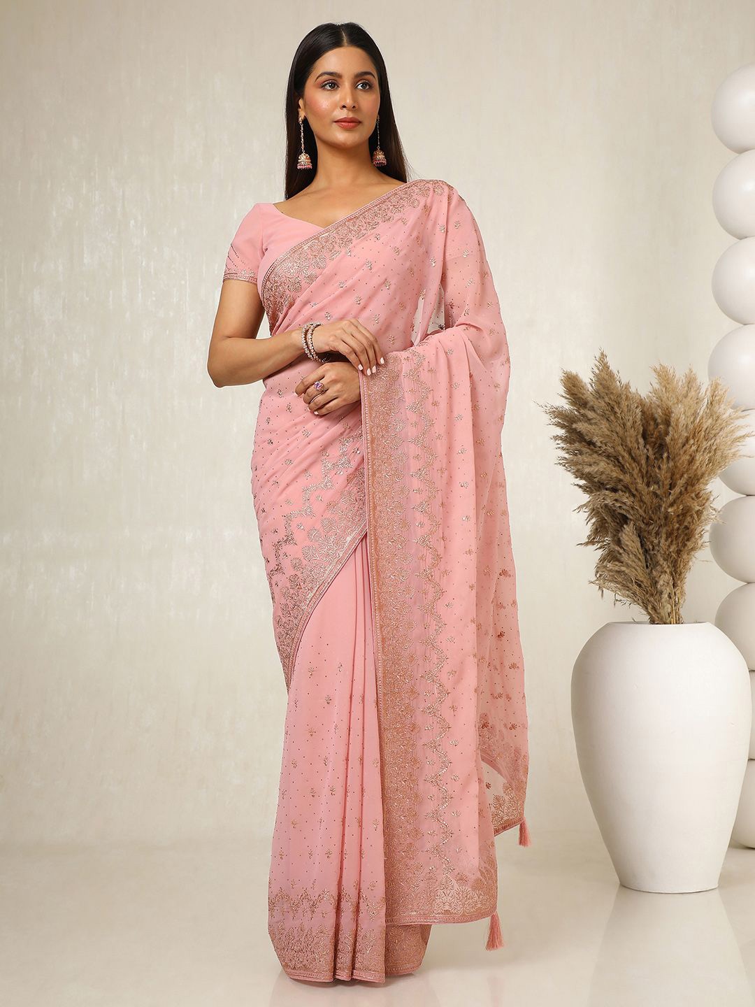 

Soch Ethnic Motifs Beads and Stones Poly Georgette Saree, Pink