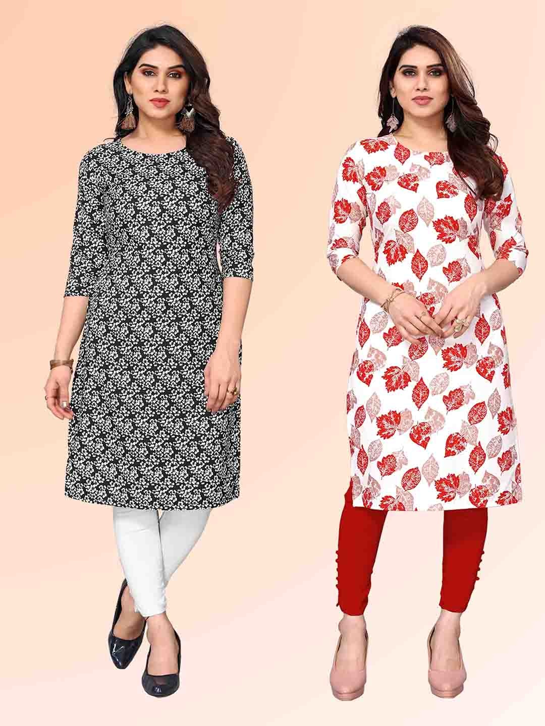 

KETAKI FASHION Selection Of 2 Abstract Printed Round Neck Straight Kurtas, Black