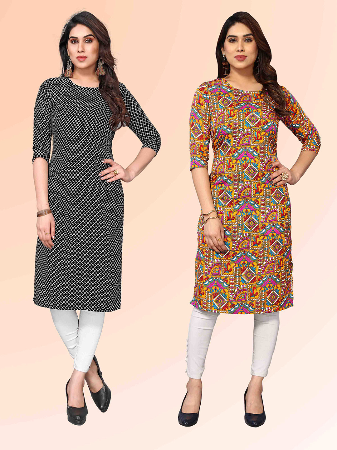 

KETAKI FASHION Selection Of 2 Checked Round Neck Straight Kurtas, Blue