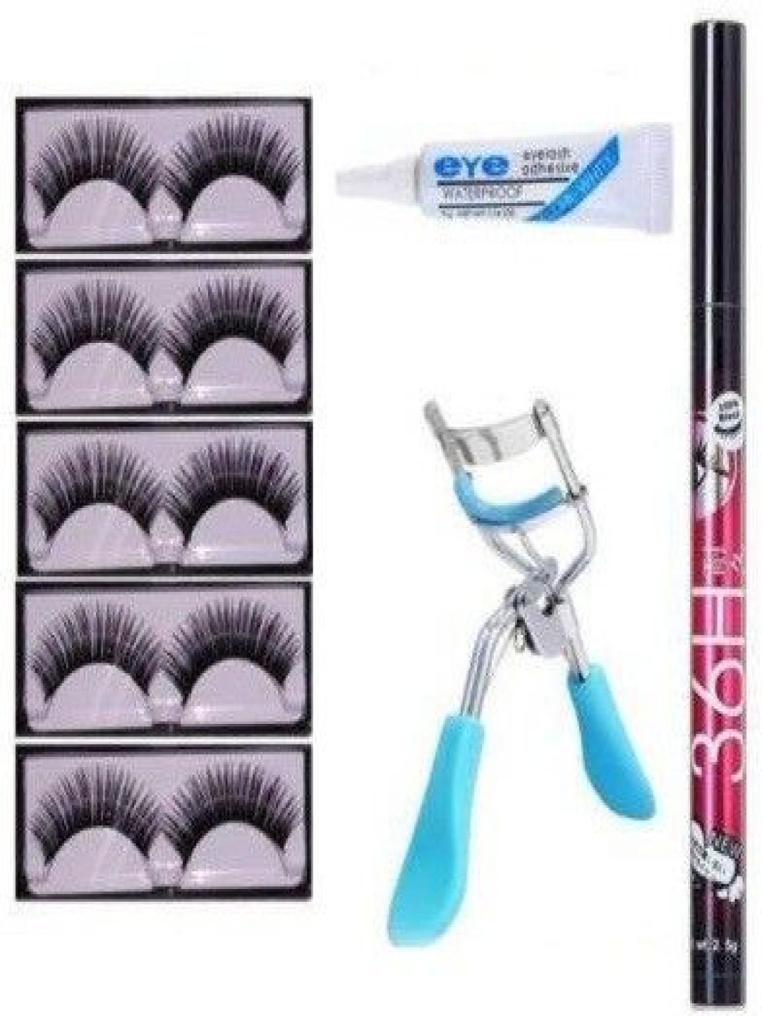 

Lenon Set Of 8 Eyelashes Eyelash Curler, Eyelash Glue & Kajal, Black