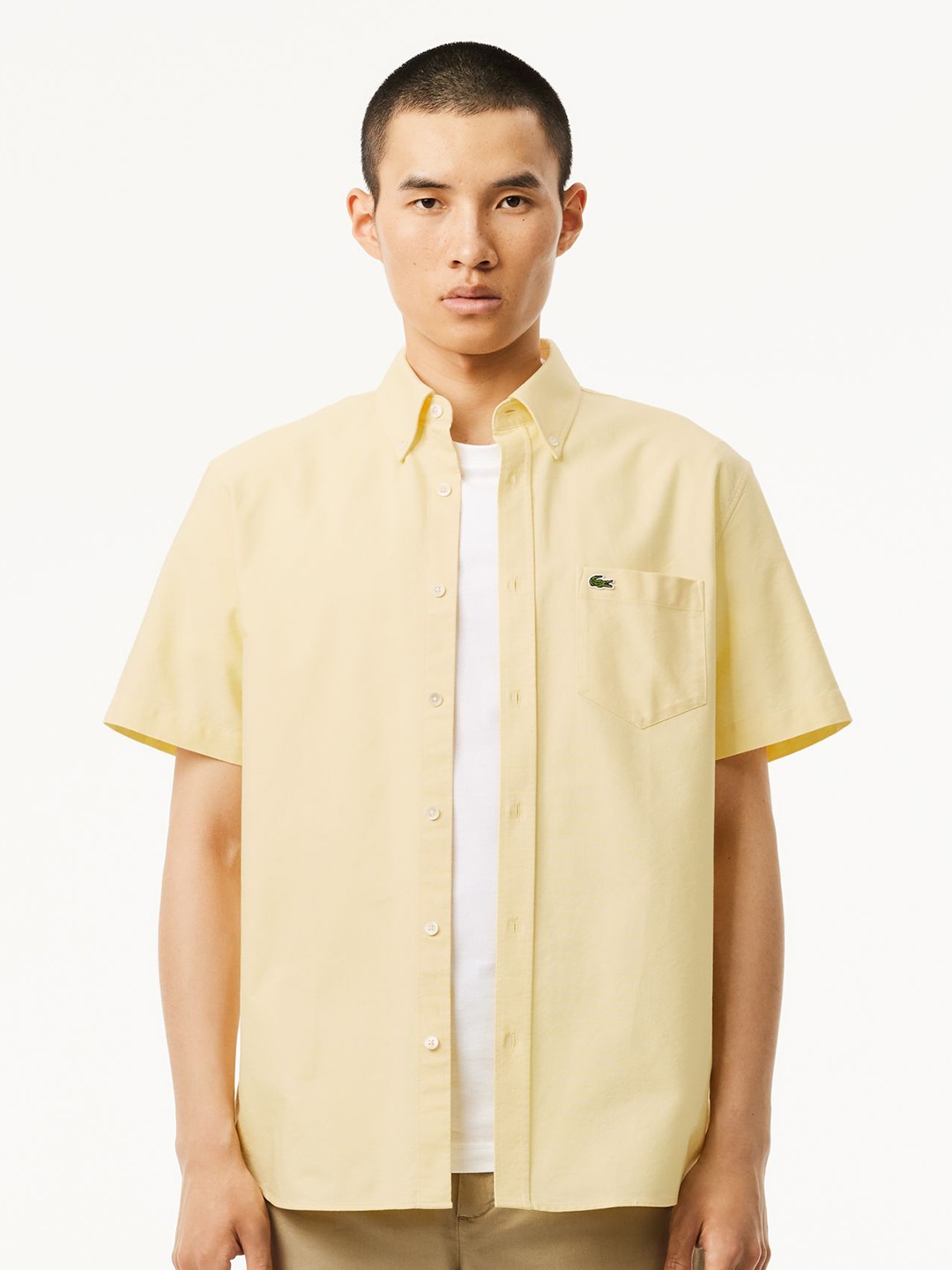 

Lacoste Men Button-Down Collar Solid Cotton Casual Shirt, Yellow