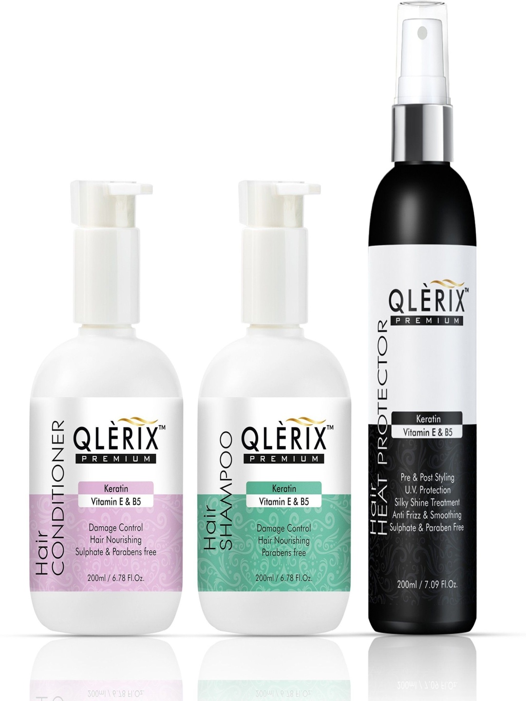 

QLERIX Set Of 3 Keratin Hair Shampoo, Conditioner & Hair Heat Protector - 200 ml Each, Black