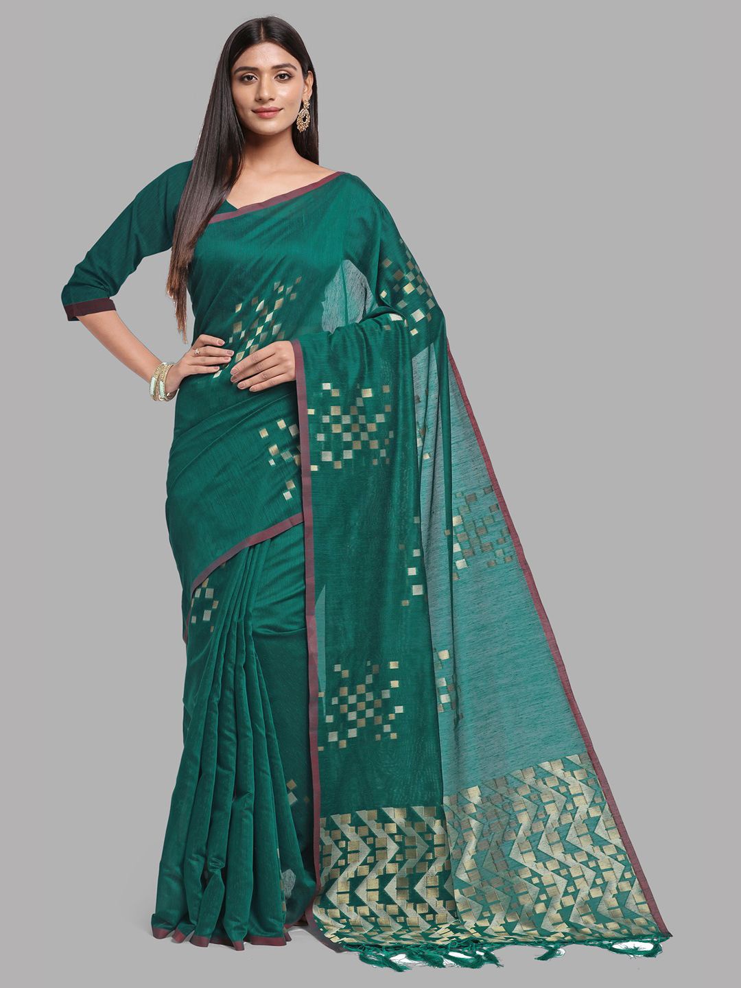 

Krimmple Zari Pure Linen Banarasi Saree, Green
