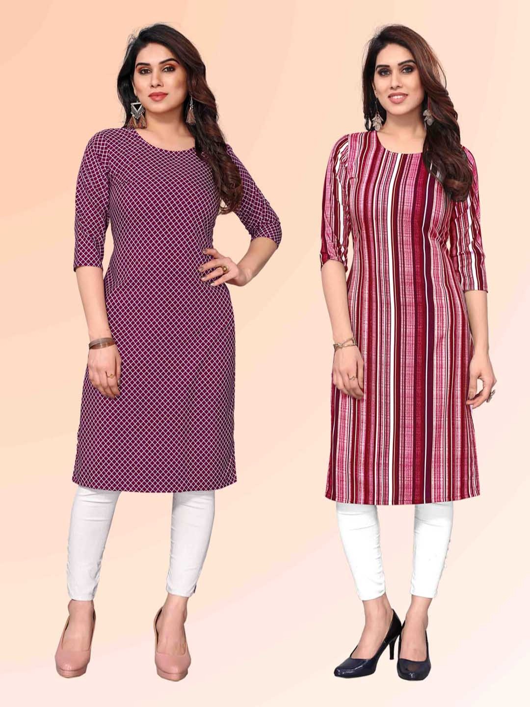 

KETAKI FASHION Selection Of 2 Geometric Printed Round Neck Straight Kurtas, Maroon