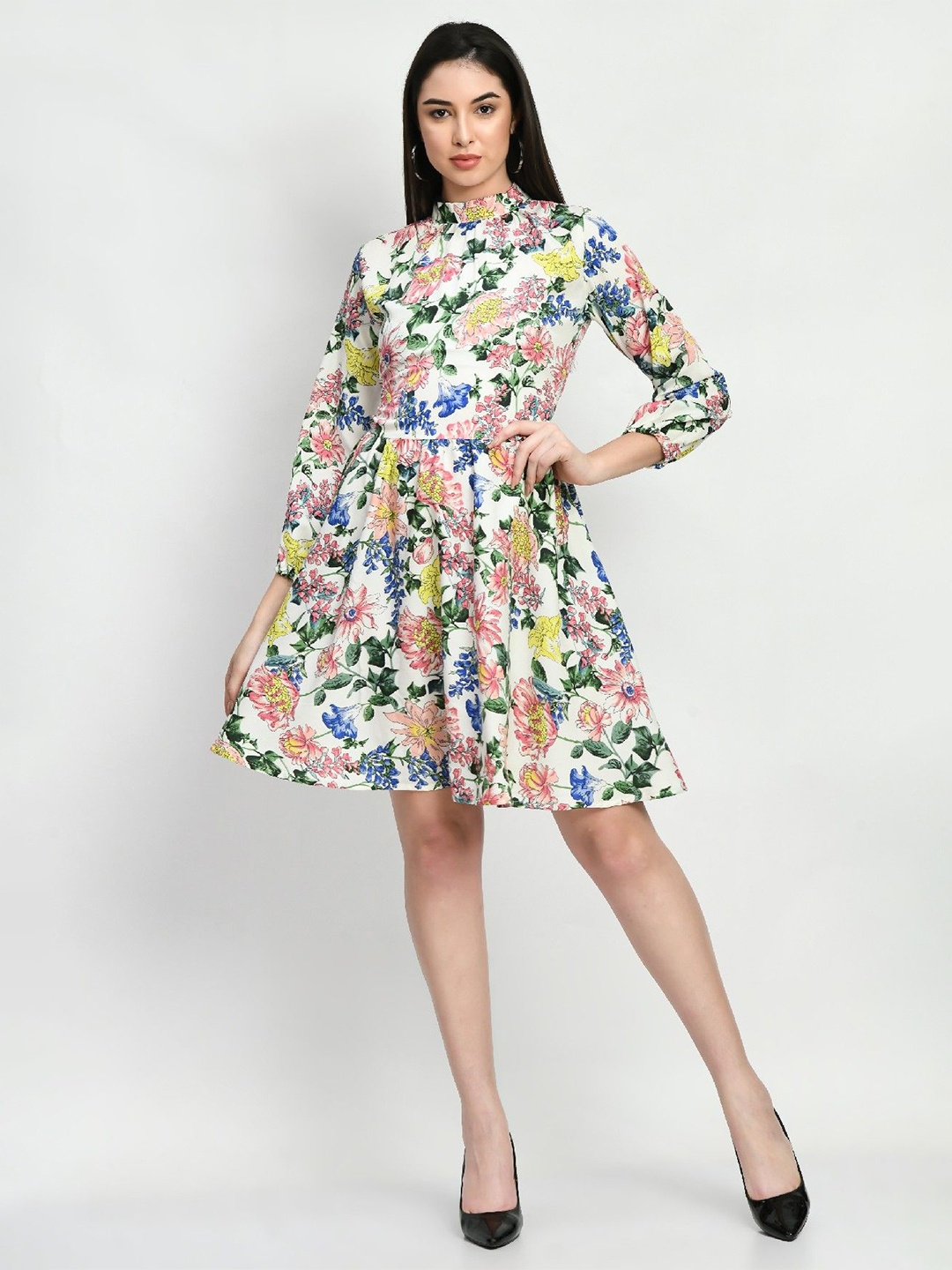 

COATTIRE Floral Printed High Neck Bishop Sleeves Crepe Fit and Flare Dress, White