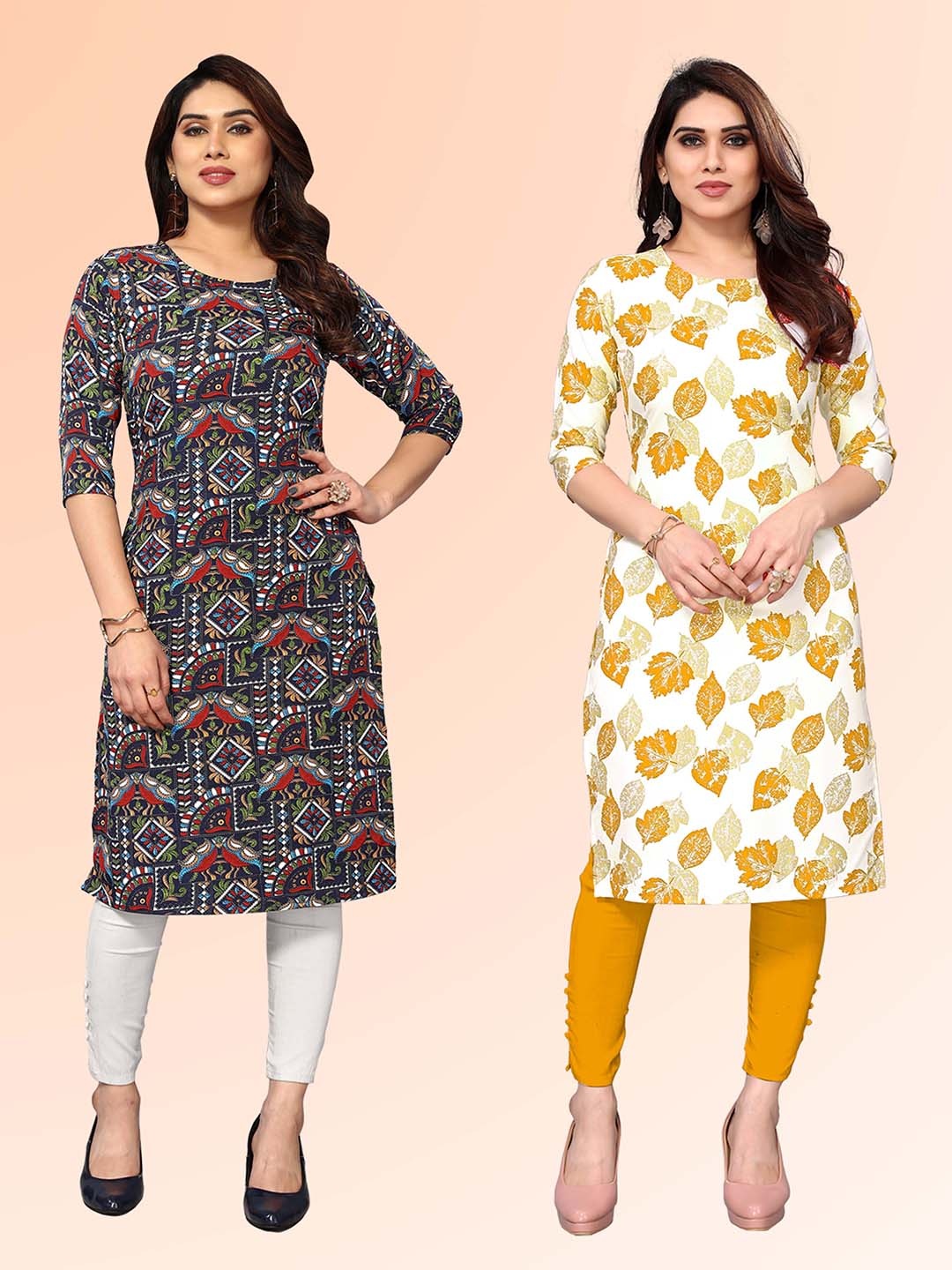 

KETAKI FASHION Selection Of 2 Ethnic Motifs Printed Round Neck Kurta, Black