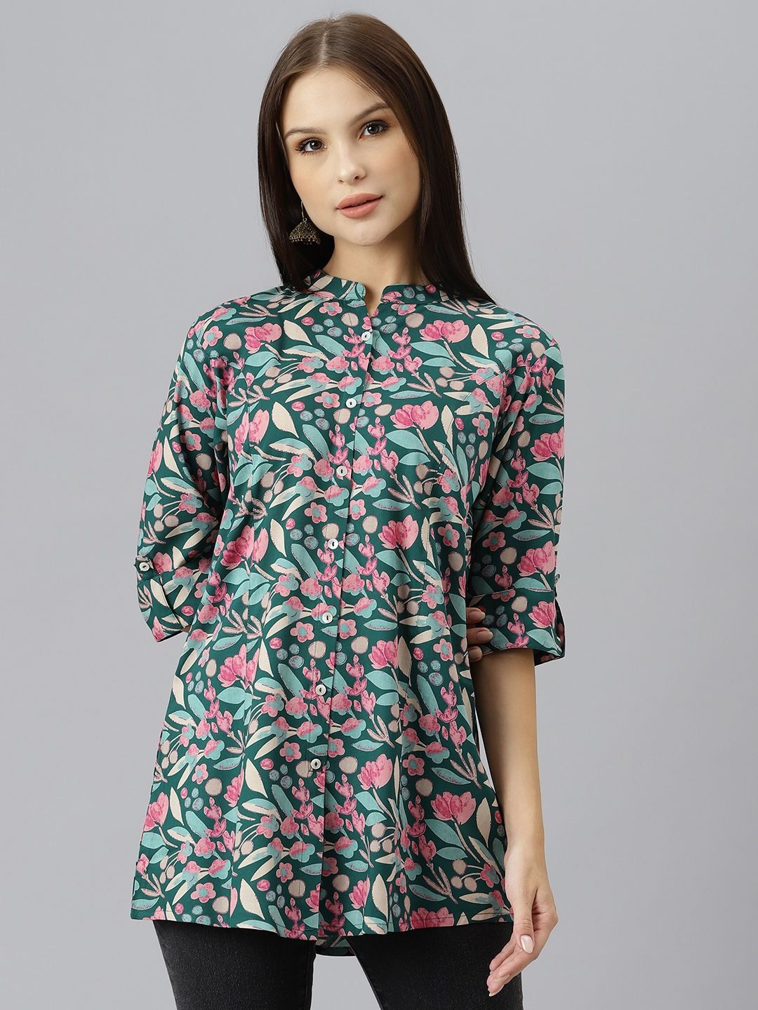 

BAESD Women Floral Printed Mandarin Collar Roll-Up Sleeves A-Line Top, Green