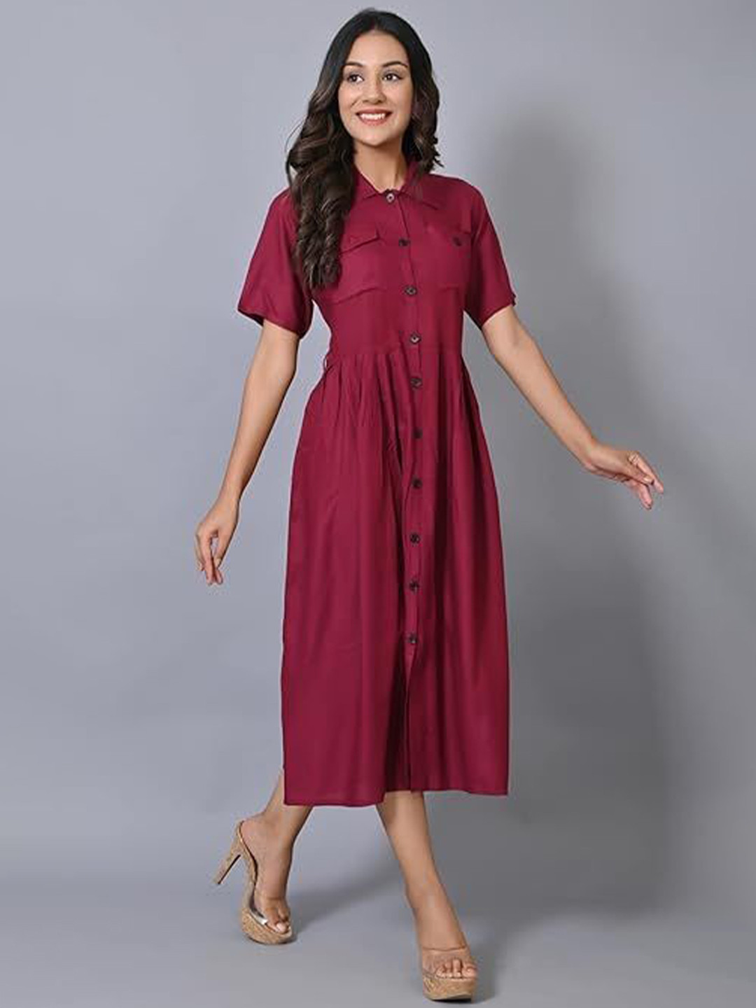 

VYMO Women Fit & Flare Shirt Collar Midi Dress, Purple
