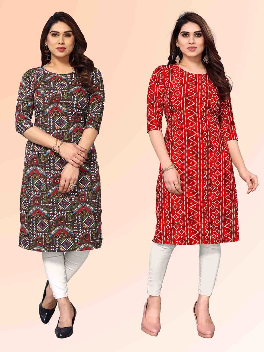 

KETAKI FASHION Ethnic Motifs Printed Round Neck Straight Kurties, Brown