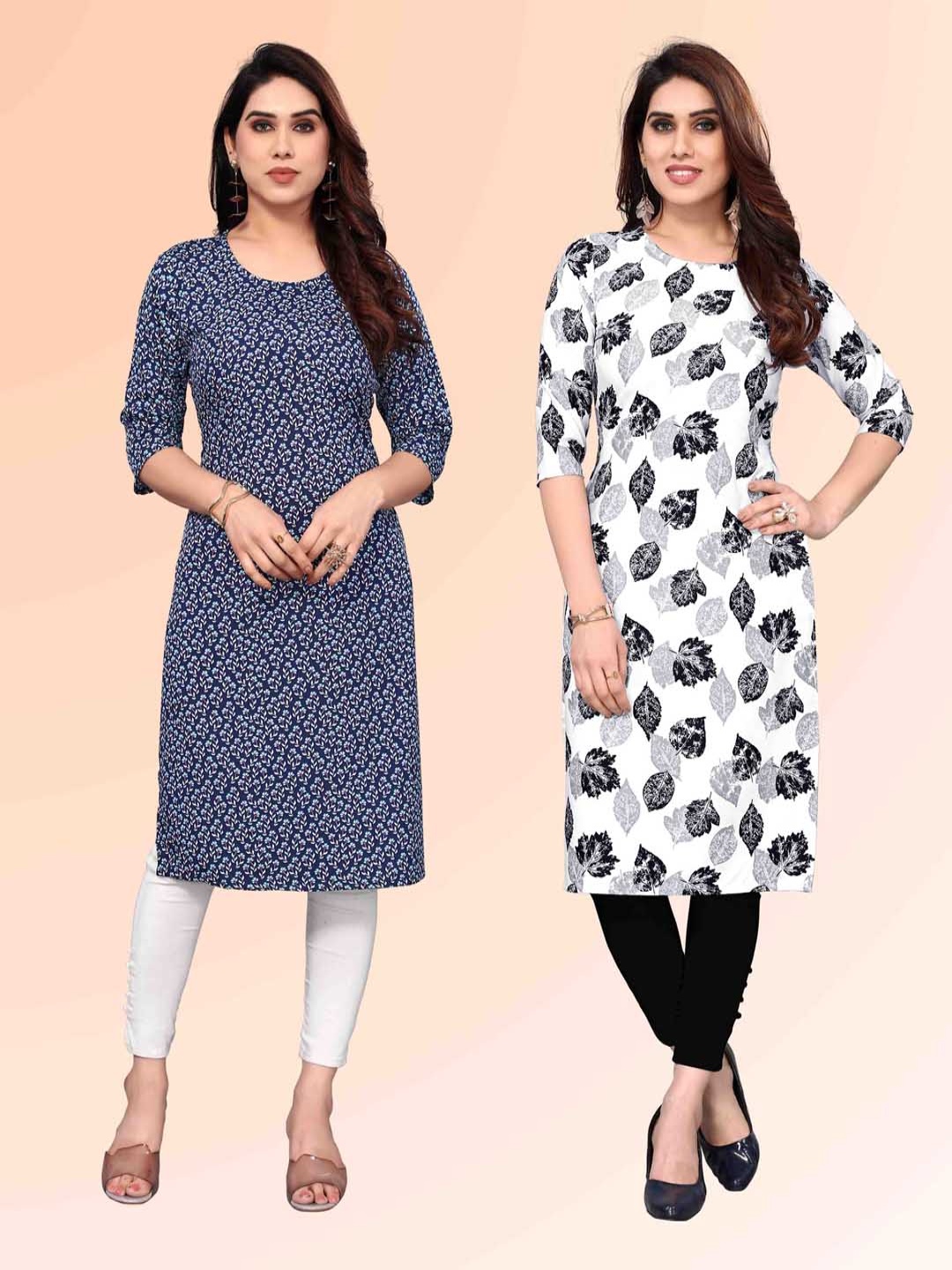 

KETAKI FASHION Selection Of 2 Floral Printed Round Neck Straight Kurtas, Blue
