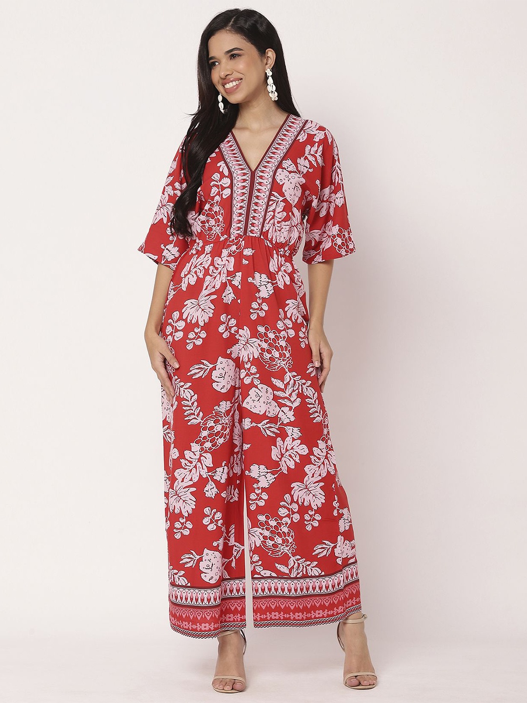 

Moomaya Women V-Neck Floral Printed Basic Jumpsuit, Red