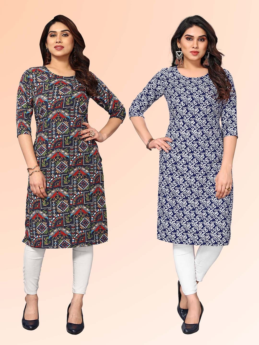 

KETAKI FASHION Selection of 2 Ethnic Motifs Printed Round Neck Straight Kurtas, Navy blue