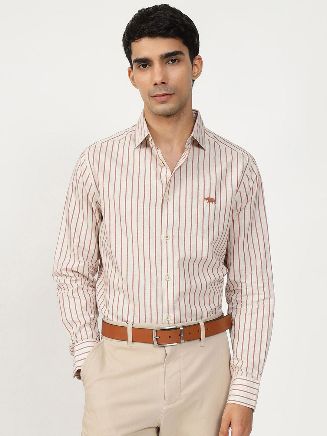 

Andamen Semi Casual Men Cotton Linen Stripe Regular Fit Shirt, Beige