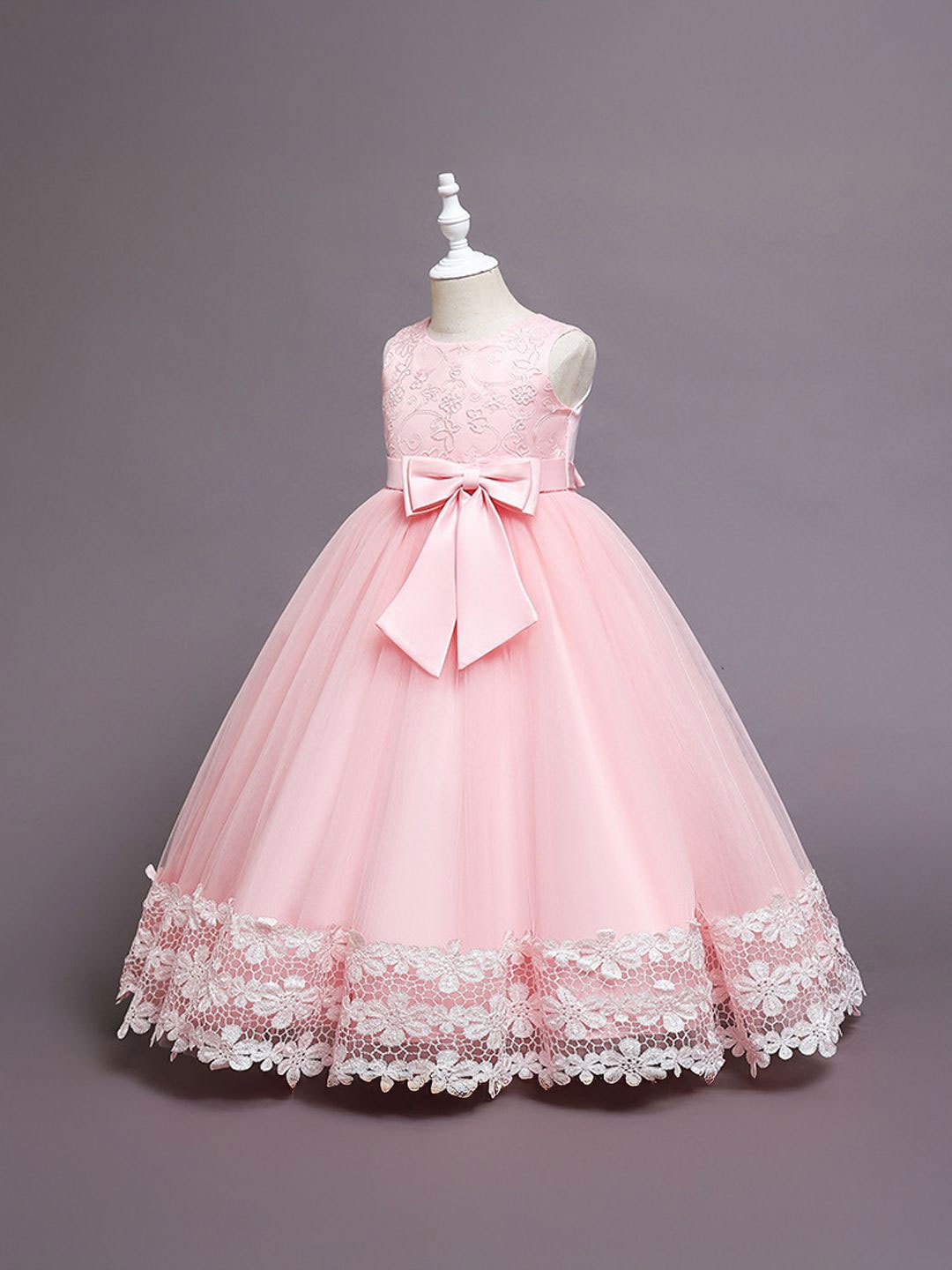

Xsole Girls Lace Work Fit & Flare Maxi Dress with Bow, Pink