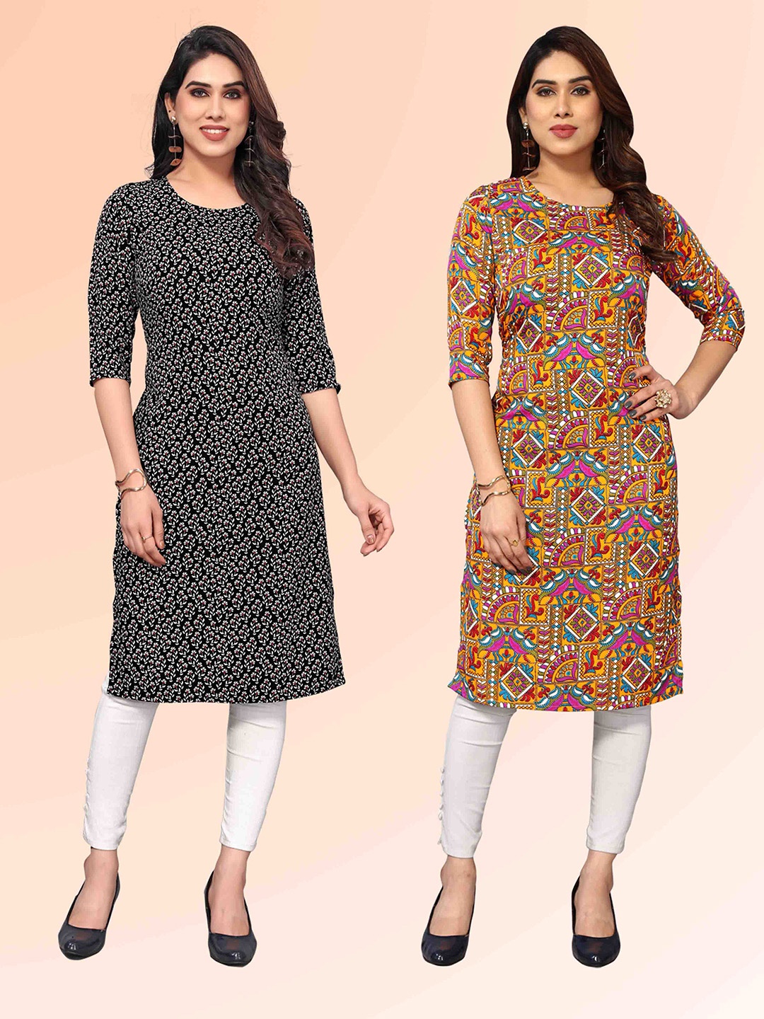 

KETAKI FASHION Selection Of 2 Floral Printed Round Neck Straight Kurtas, Beige