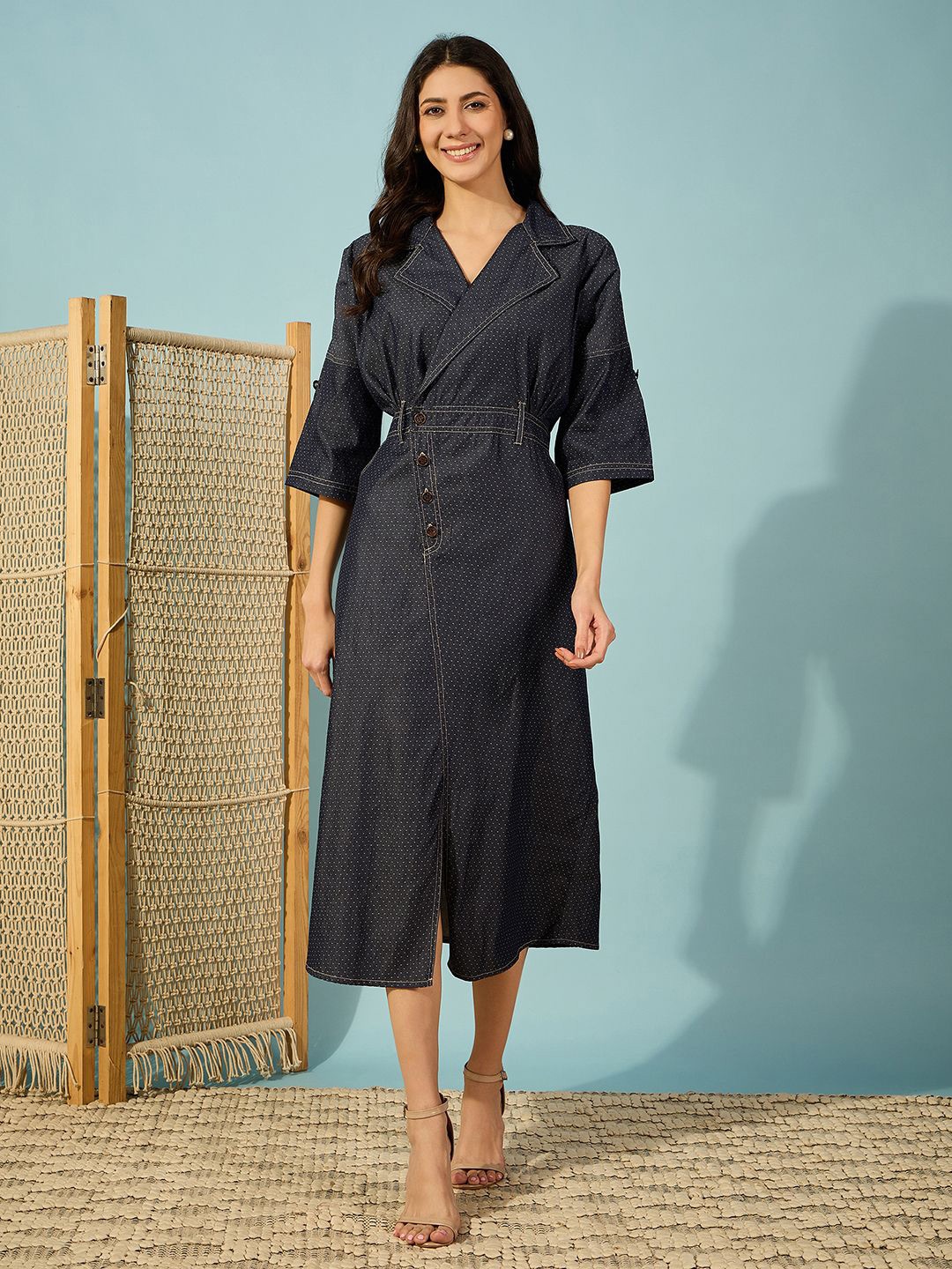

The Kaftan Company Notch Collar Denim Slits Midi Dress, Navy blue