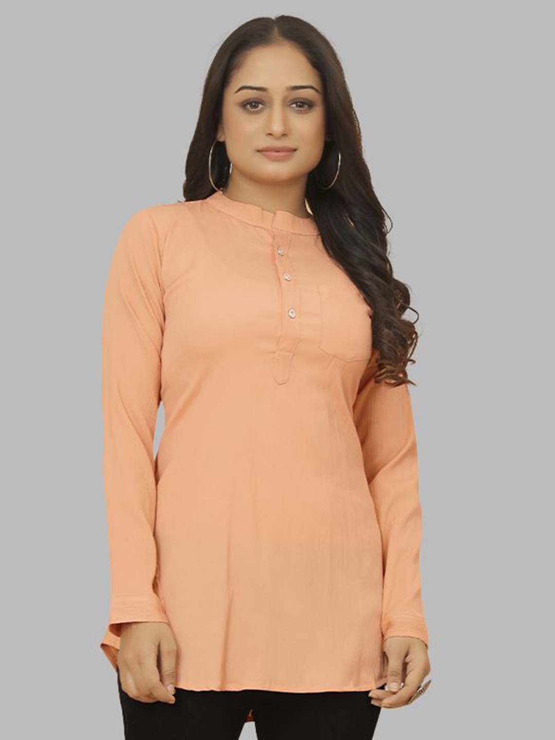 

Krimmple Women Mandarin Collar Longline Cotton Top, Peach