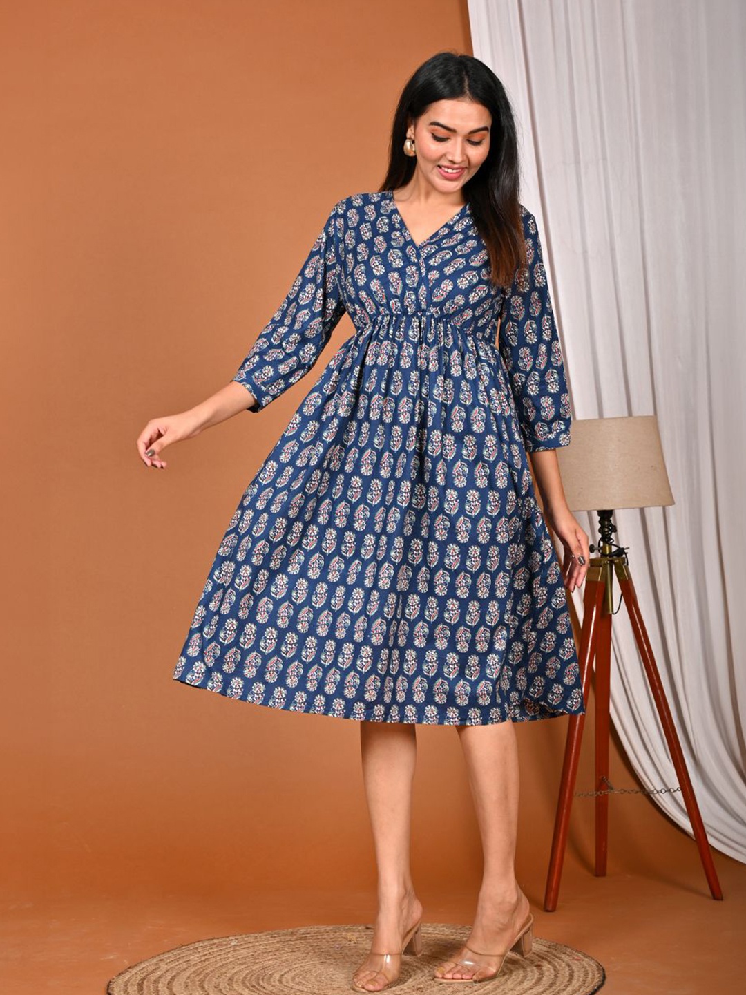 

FABRU Women V-Neck Floral Printed Cotton Fit and Flare Dress, Blue