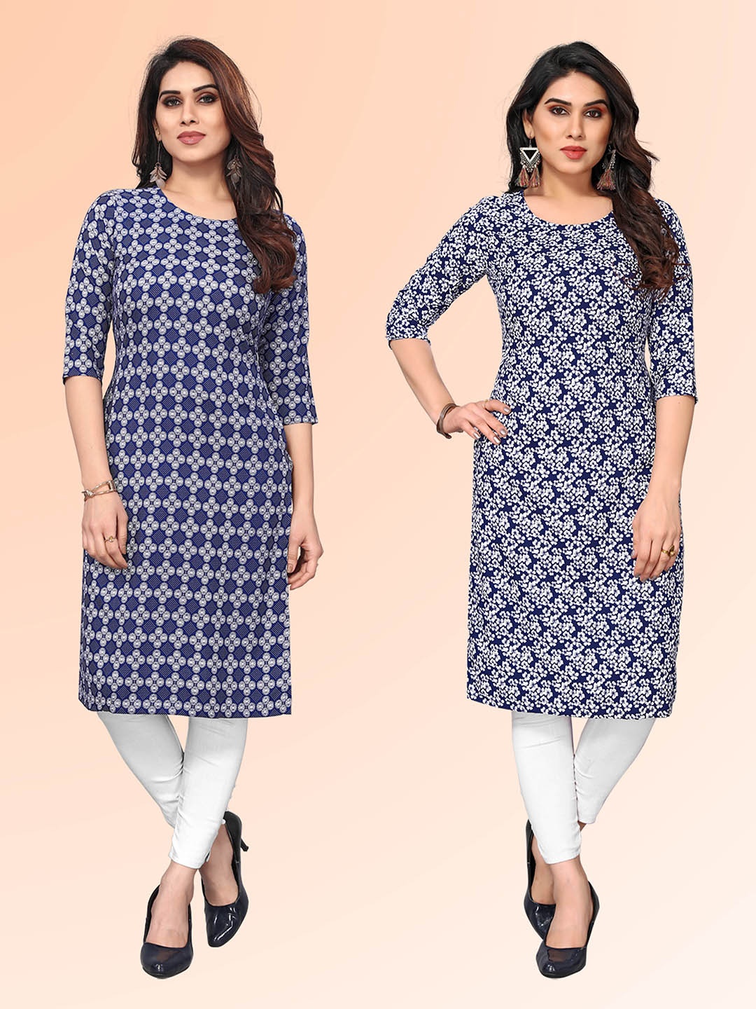 

KETAKI FASHION Selection Of 2 Floral Printed Round Neck Straight Kurtas, Blue