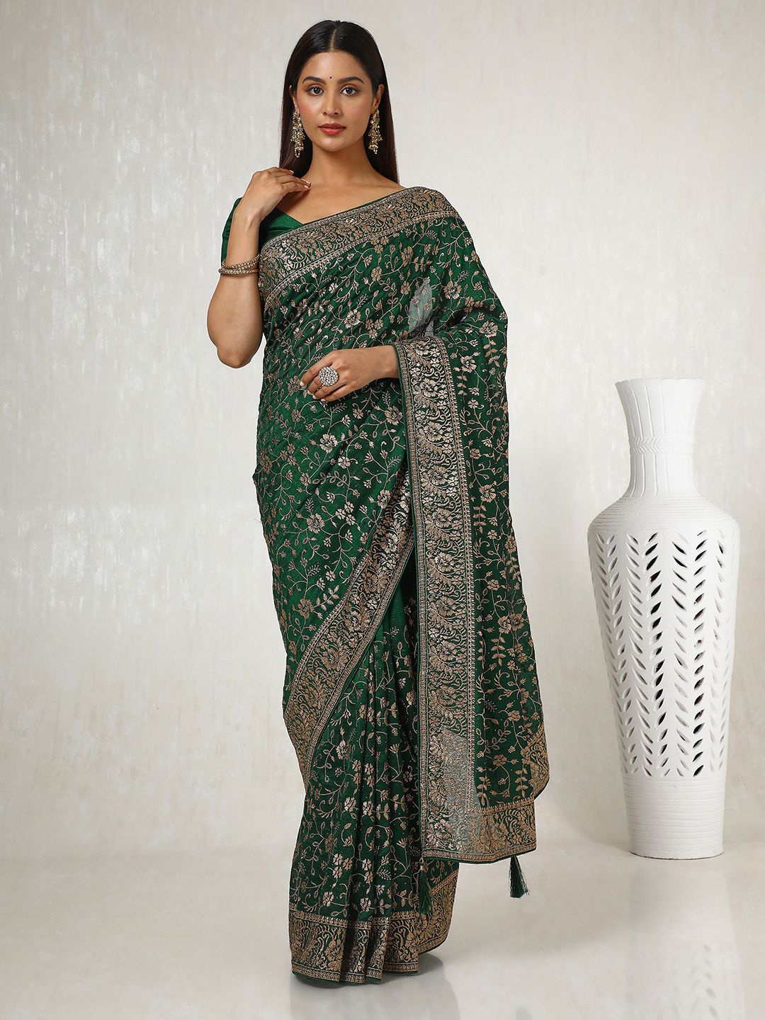 

Soch Floral Beads and Stones Silk Blend Tussar Saree, Green