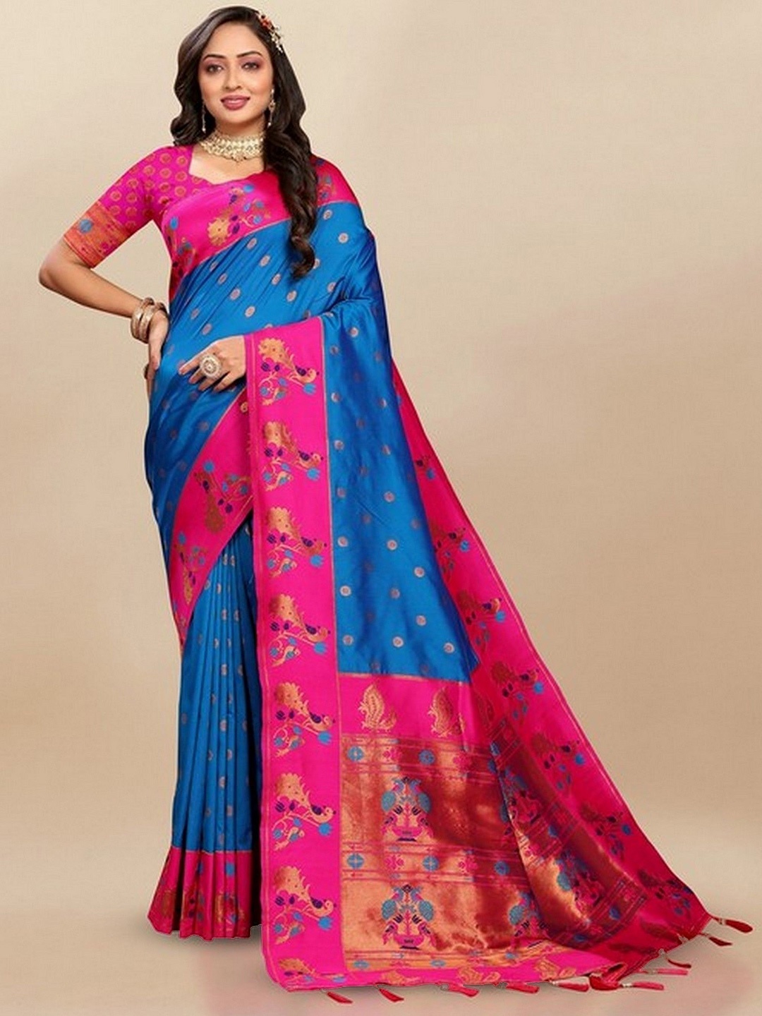 

VARNI FABRICS Ethnic Motifs Woven Design Zari Pure Silk Paithani Saree, Blue