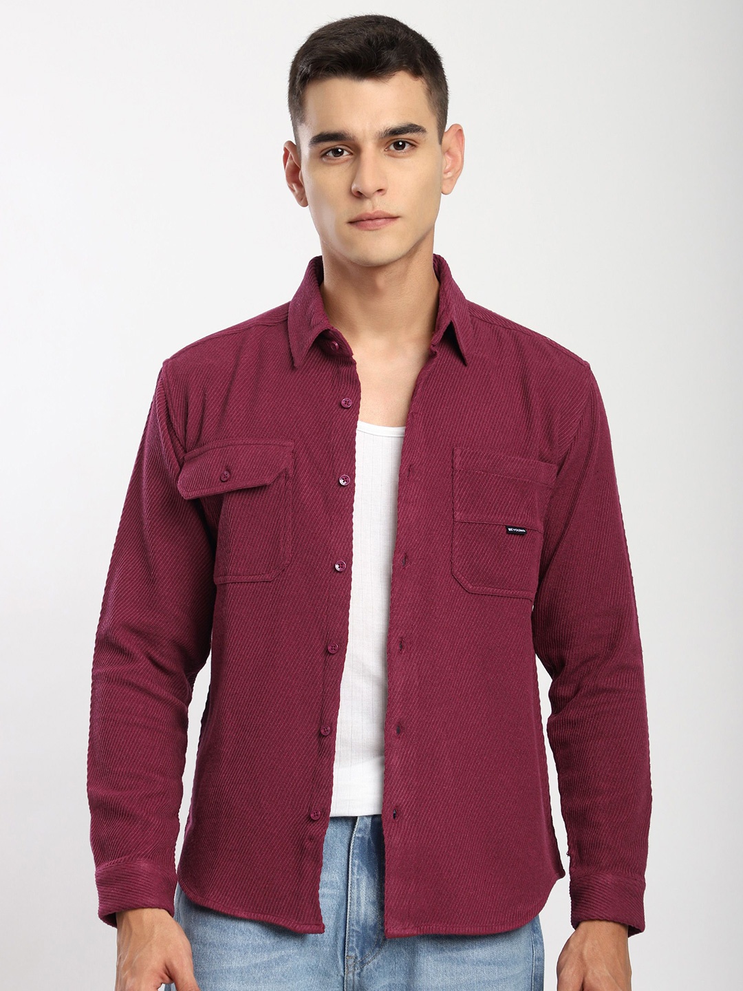 

Beyoung Men Spread Collar Textured Cotton Casual Shirt, Maroon