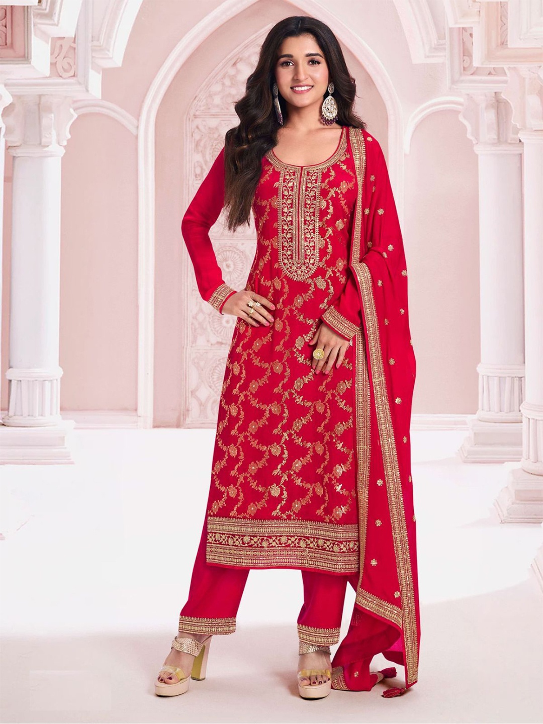 

Odette Red Viscose Rayon Floral Embroidered Zari Work Semi-Stitched Kurta Set For Women