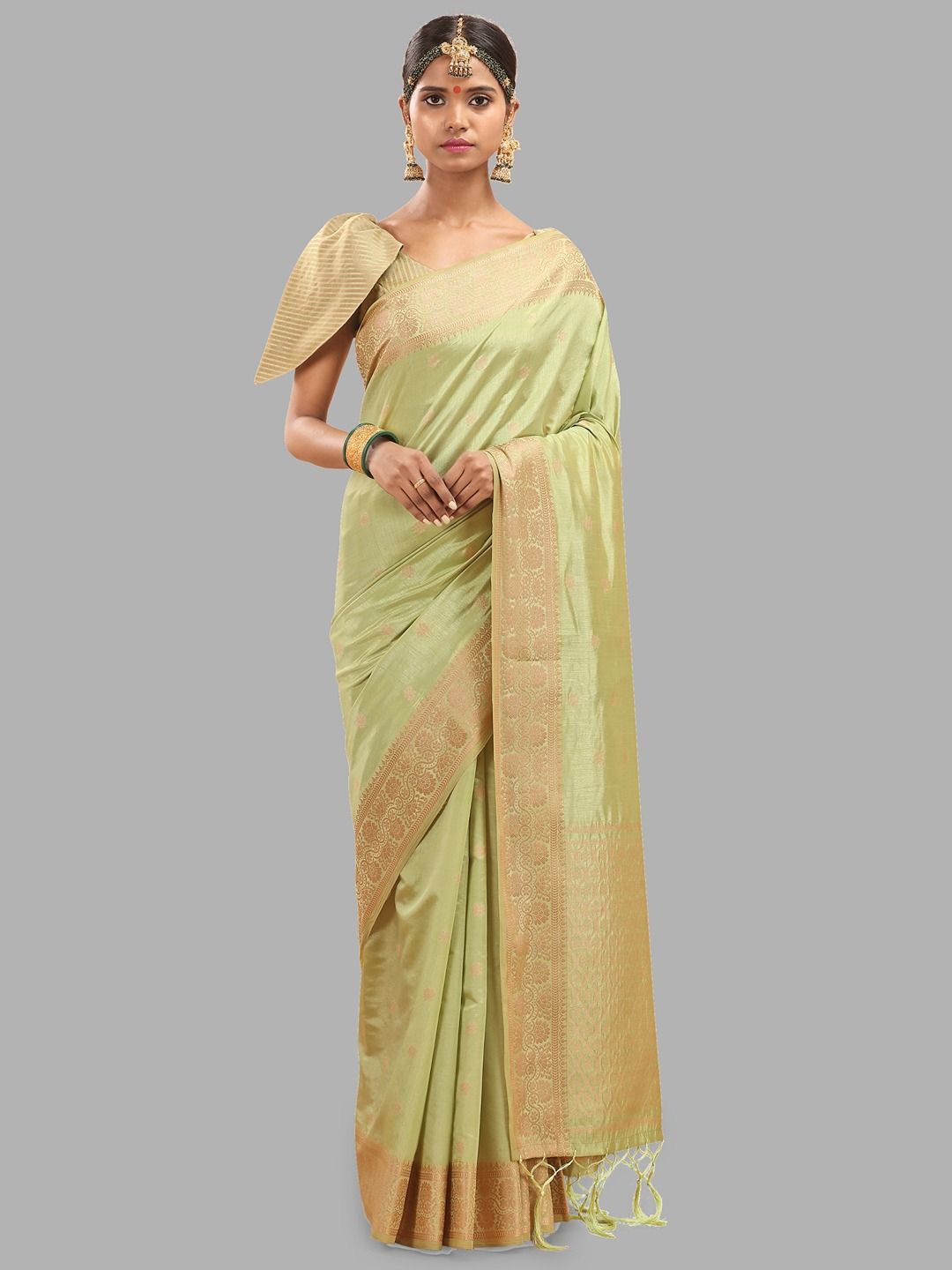 

Krimmple Ethnic Motifs Zari Pure Silk Banarasi Saree, Green