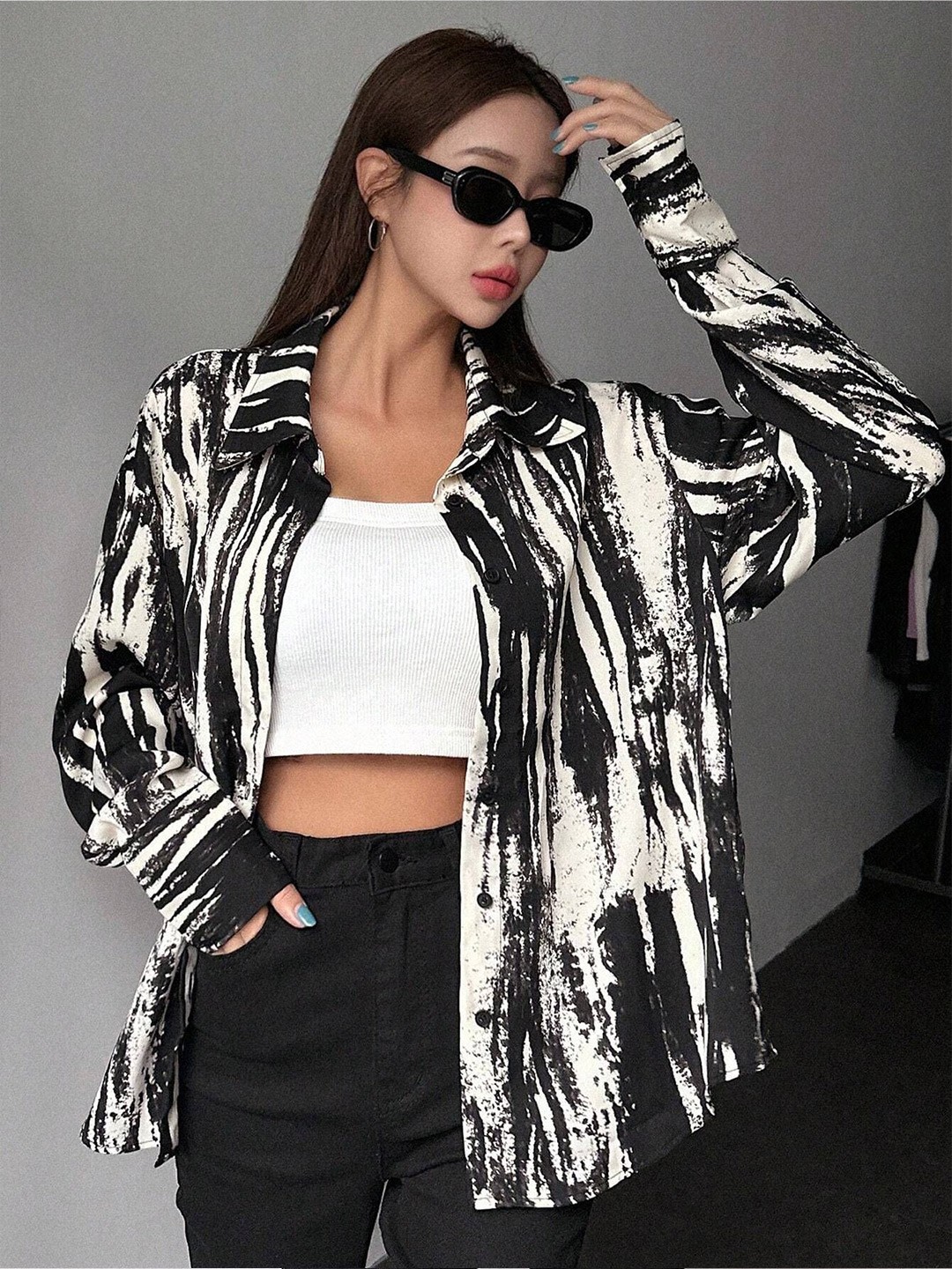 

Mast & Harbour Women Spread Collar Abstract Printed Casual Shirt, Black