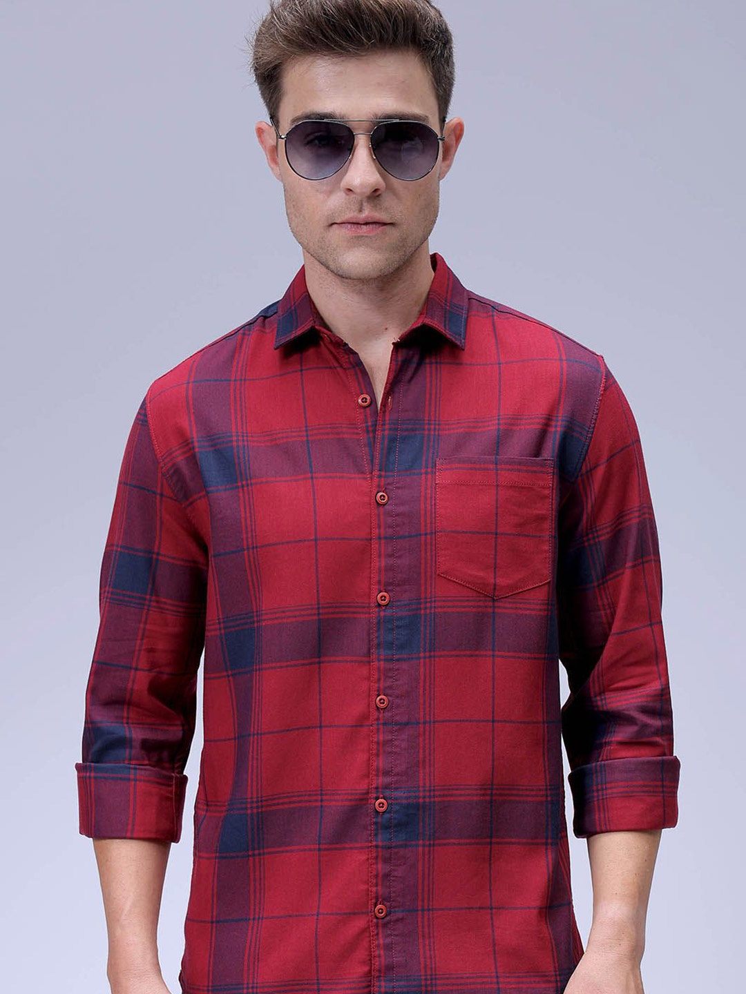 

The Indian Garage Co Men Slim Fit Spread Collar Checked Cotton Casual Shirt, Red