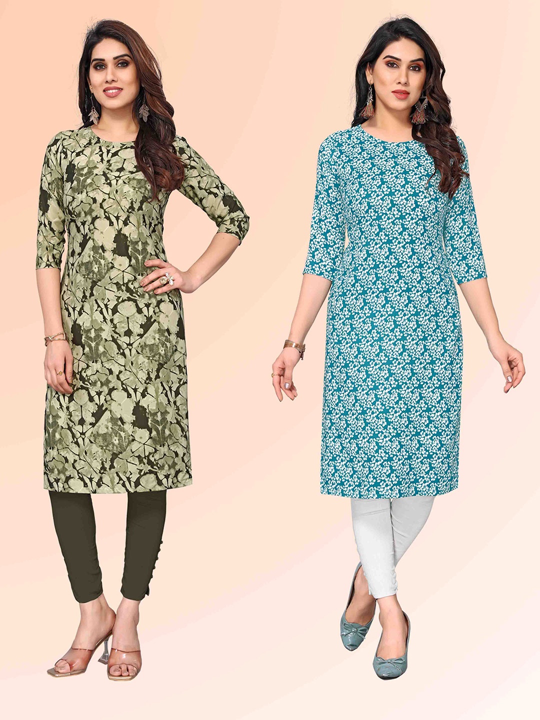 

KETAKI FASHION Selection Of 2 Abstract Printed Round Neck Straight Kurtas, Green