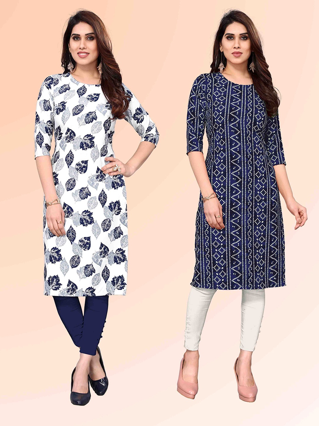 

KETAKI FASHION Selection Of 2 Floral Printed Round Neck Straight Kurtas, White