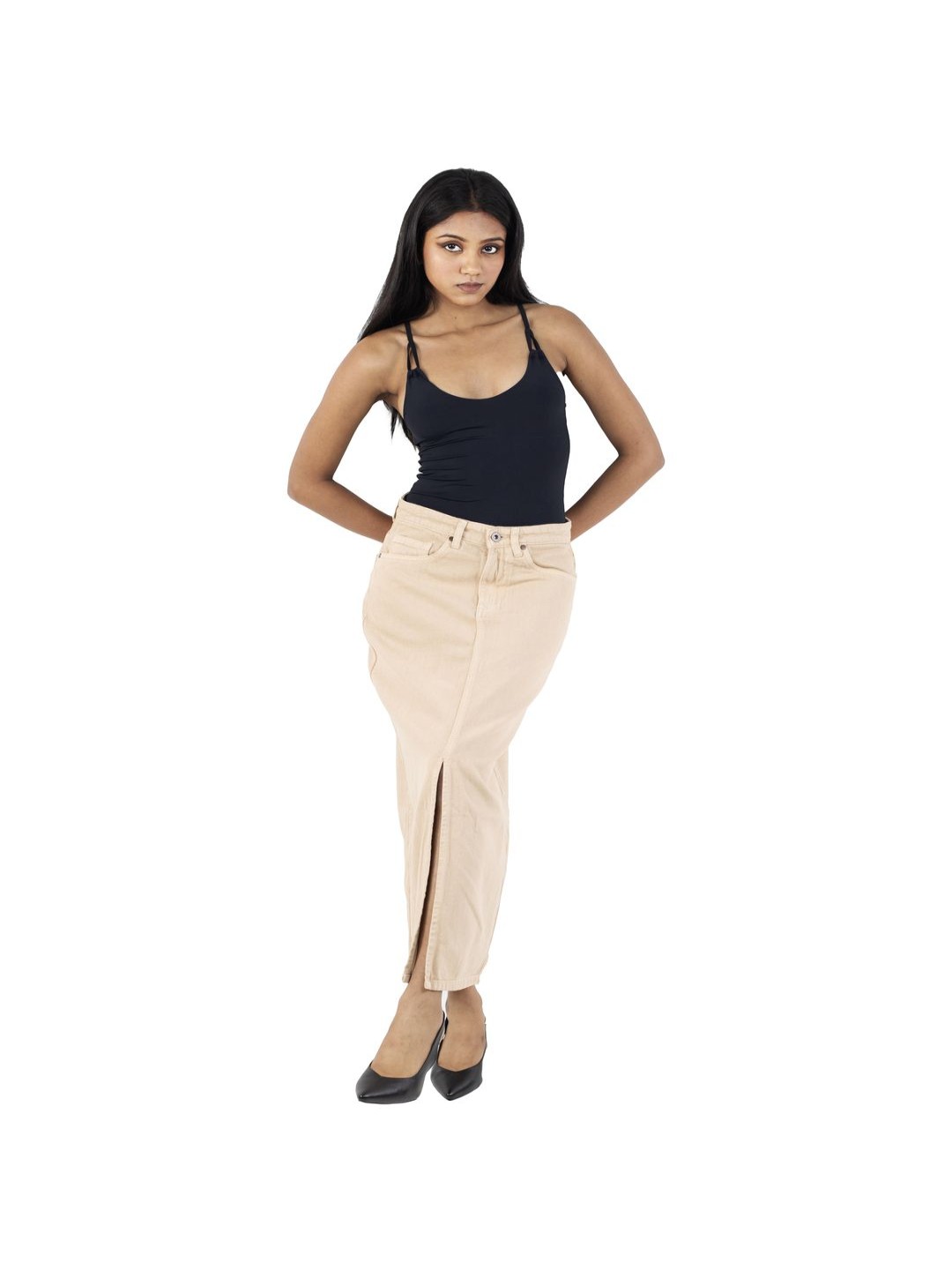 

off-kilt Women's Solid Front Slit Midi Skirt, Khaki