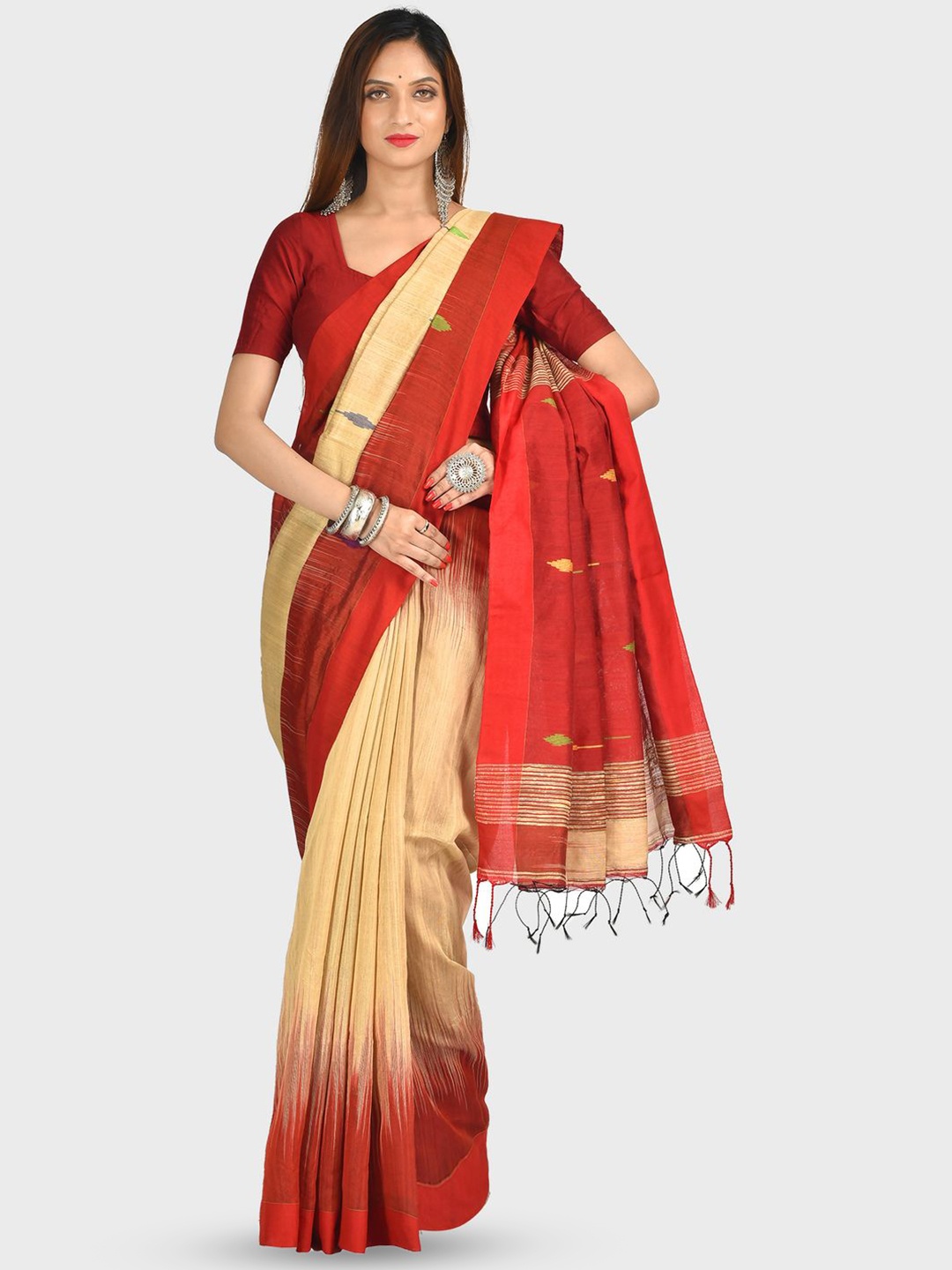 

Crochetin Woven Design Ikat Saree, Beige