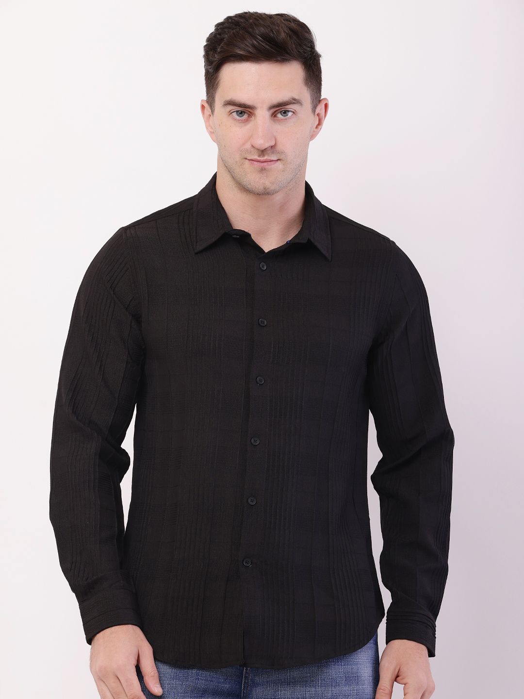 

HERE&NOW Men Comfort Fit Spread Collar Textured Cotton Casual Shirt, Black