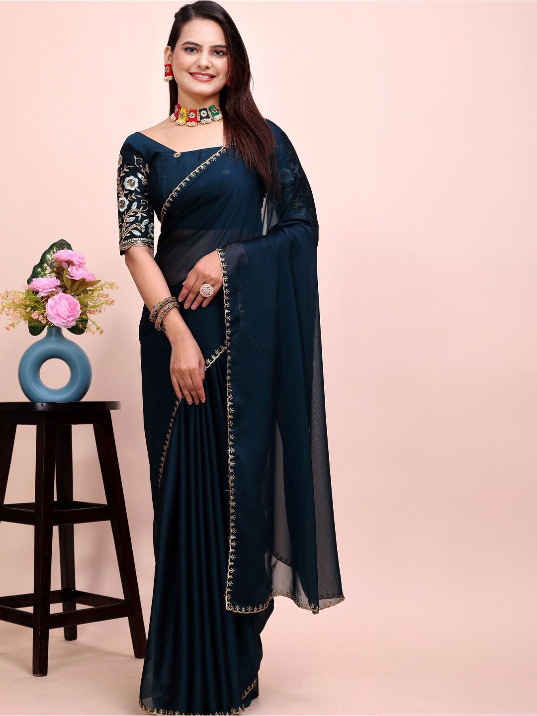 

K 5 Fashion Embroidered Pure Chiffon Saree, Teal