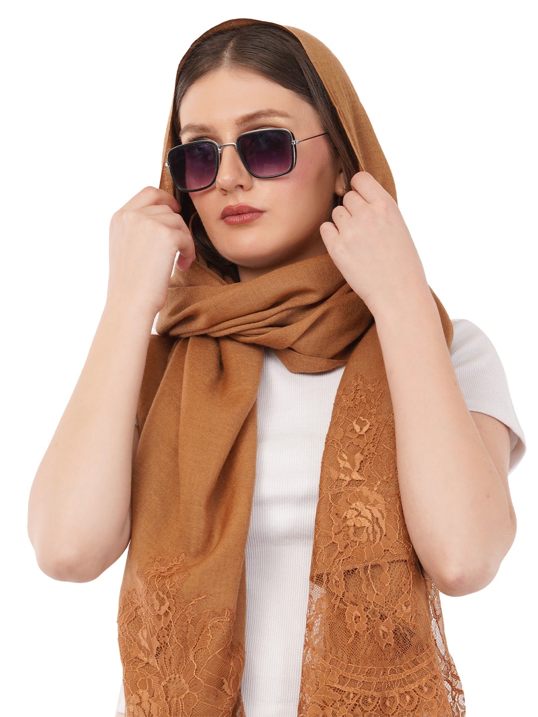 

Rhe-Ana Women Woollen Floral Lace Work Stole, Brown