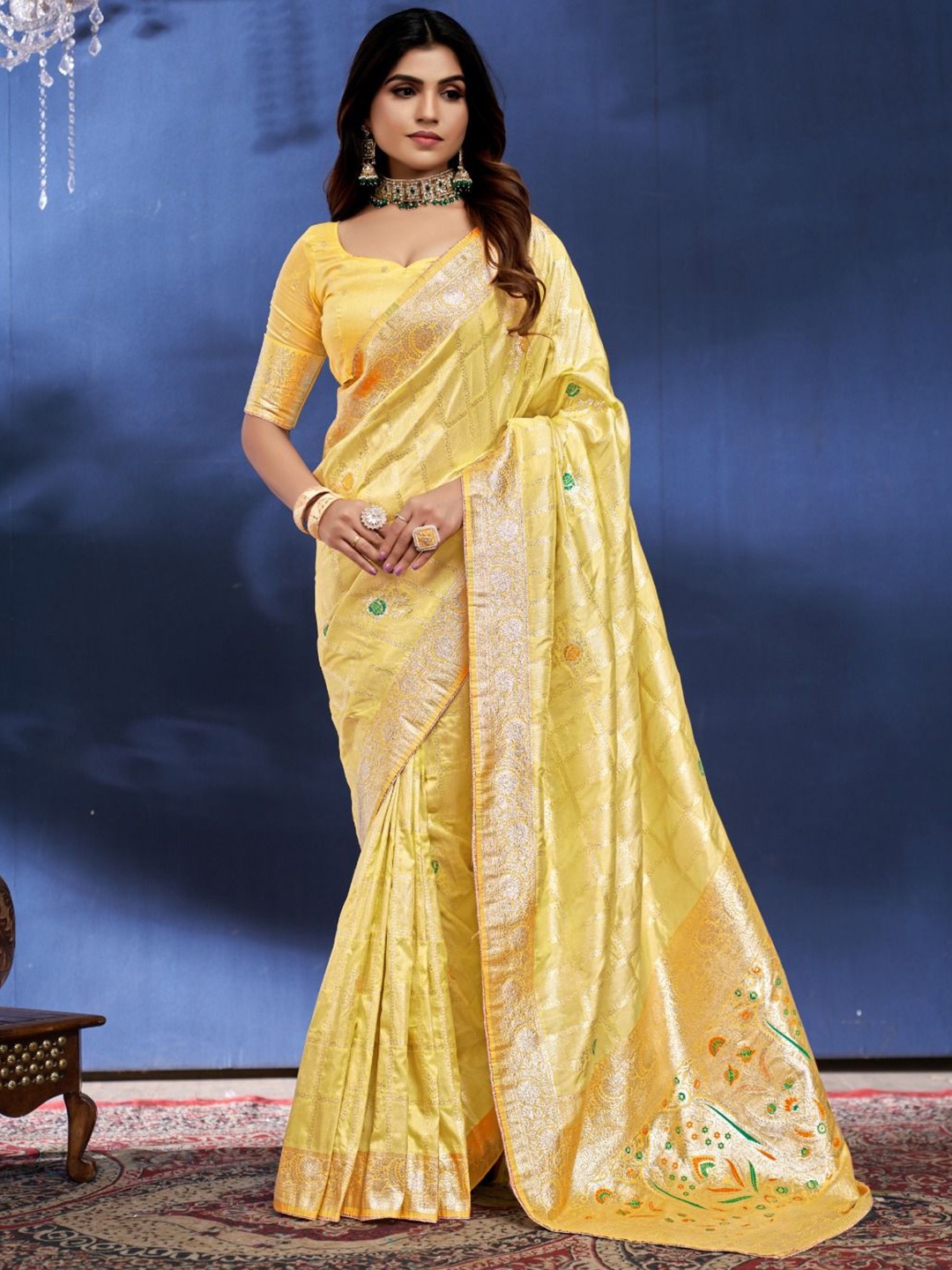 

Aagiri Woven Design Zari Pure Silk Banarasi Saree, Yellow