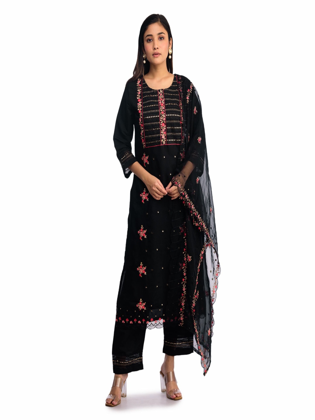 

ISHKIYA Floral Embroidered Mirror Work Kurta With Trouser And Dupatta, Black