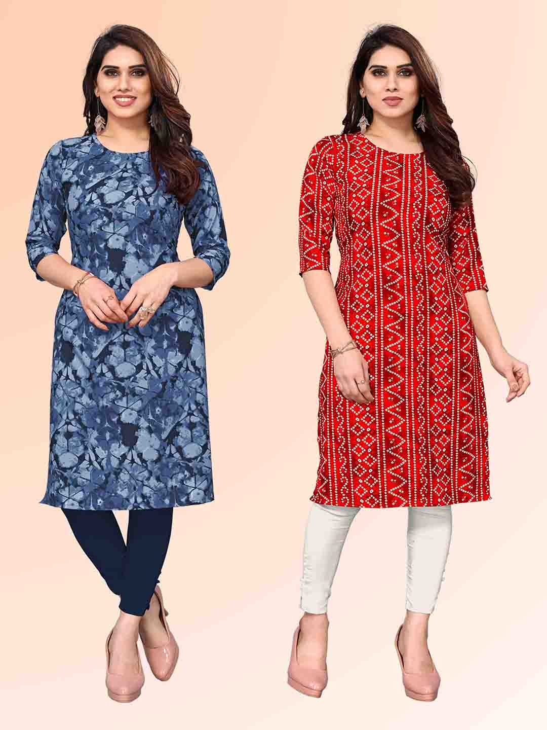 

KETAKI FASHION Selection Of 2 Floral Printed Round Neck Straight Kurtas, Blue