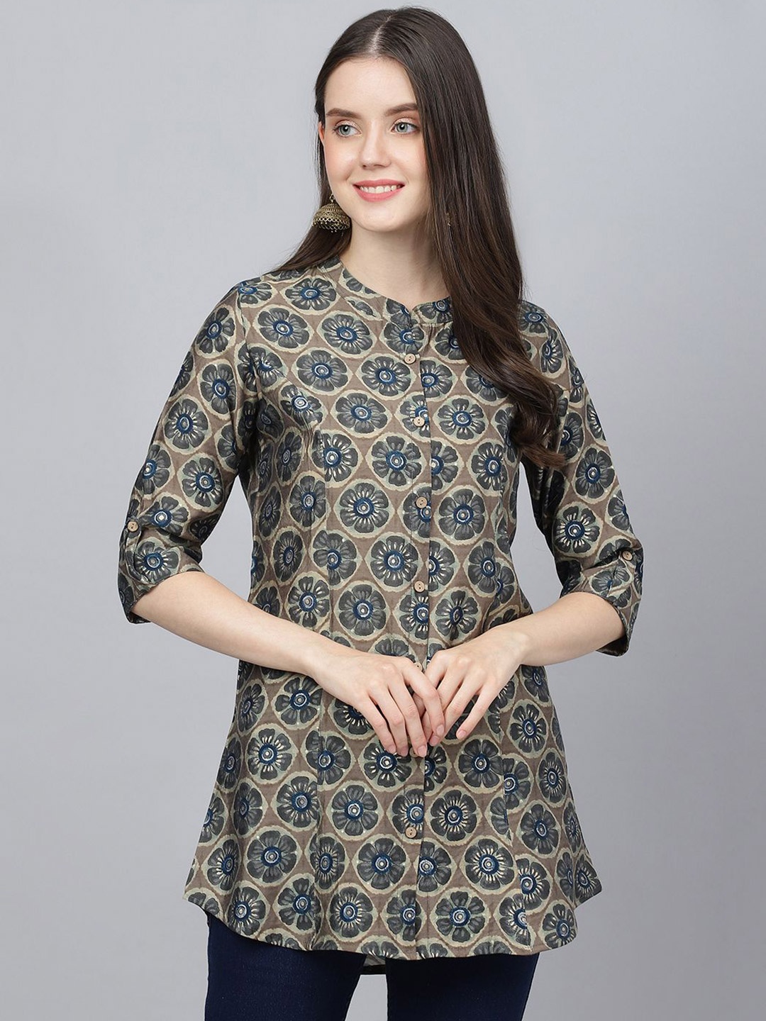 

BAESD Women Floral Print Mandarin Collar Roll-Up Sleeves A-Line Top, Brown