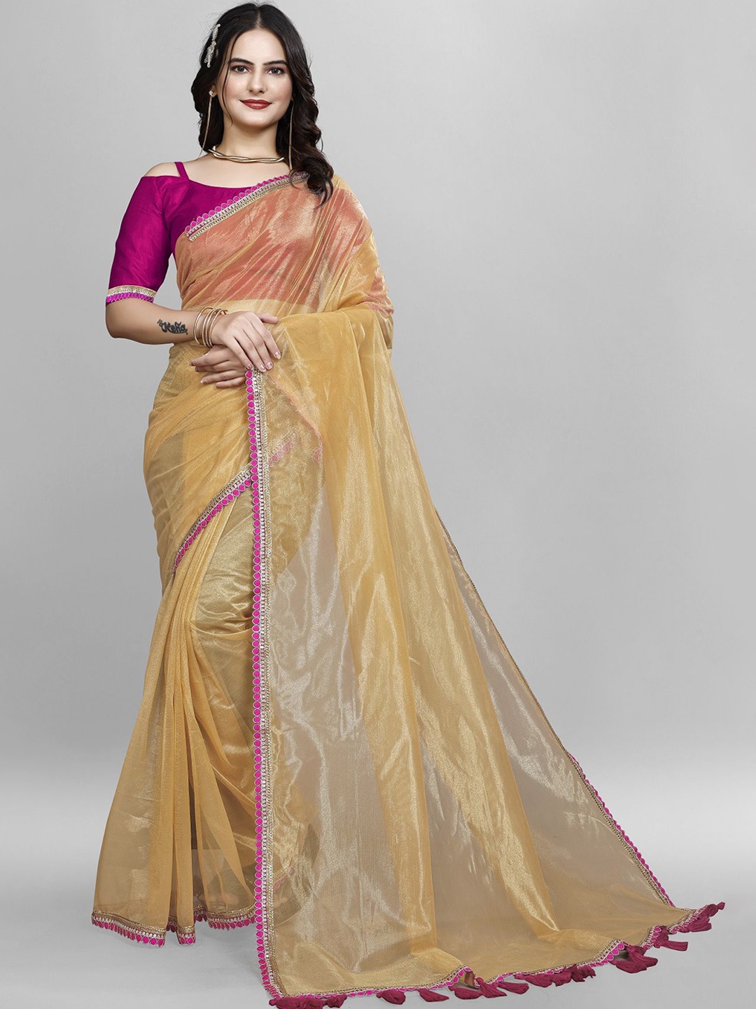 

A TO Z CART Embroidered Net Saree, Gold