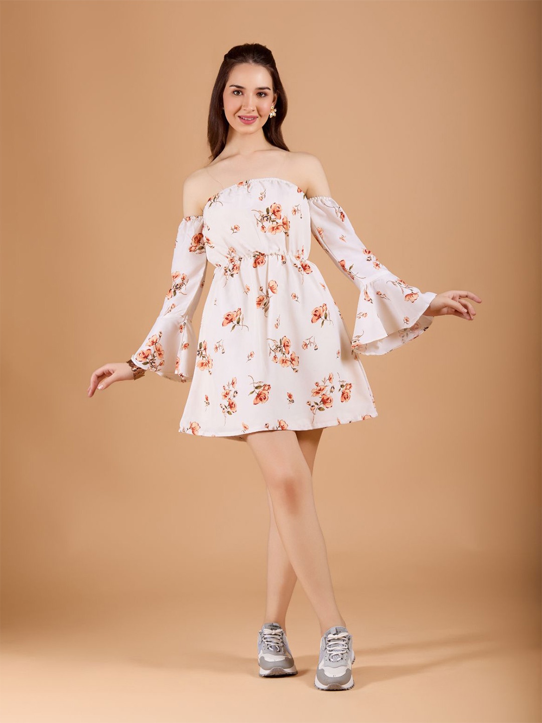 

DressBerry Floral Print Bell Sleeve Crepe Fit & Flare Mini Dress, Off white