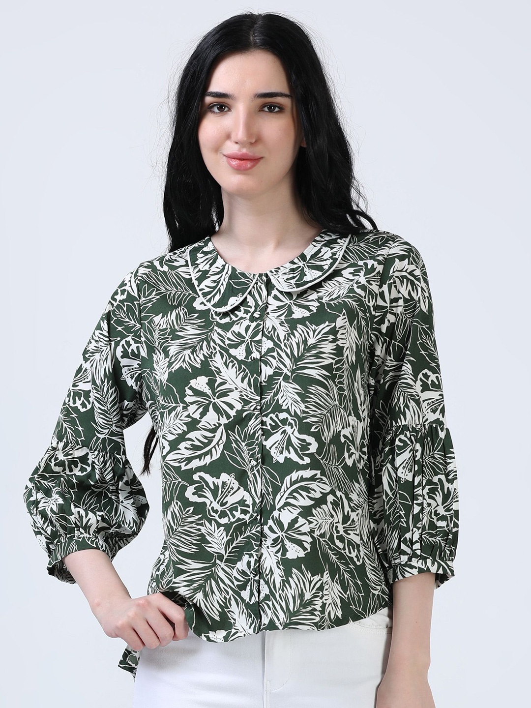 

Hassu's Women Floral Printed Crepe Shirt Style Top, Green